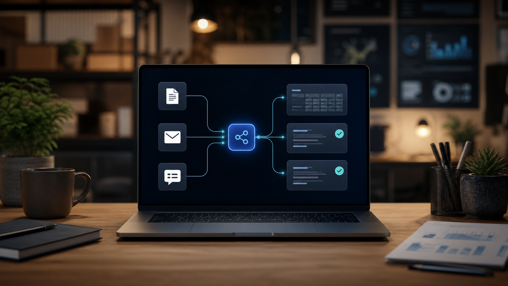 AI automation workflow dashboard on a laptop