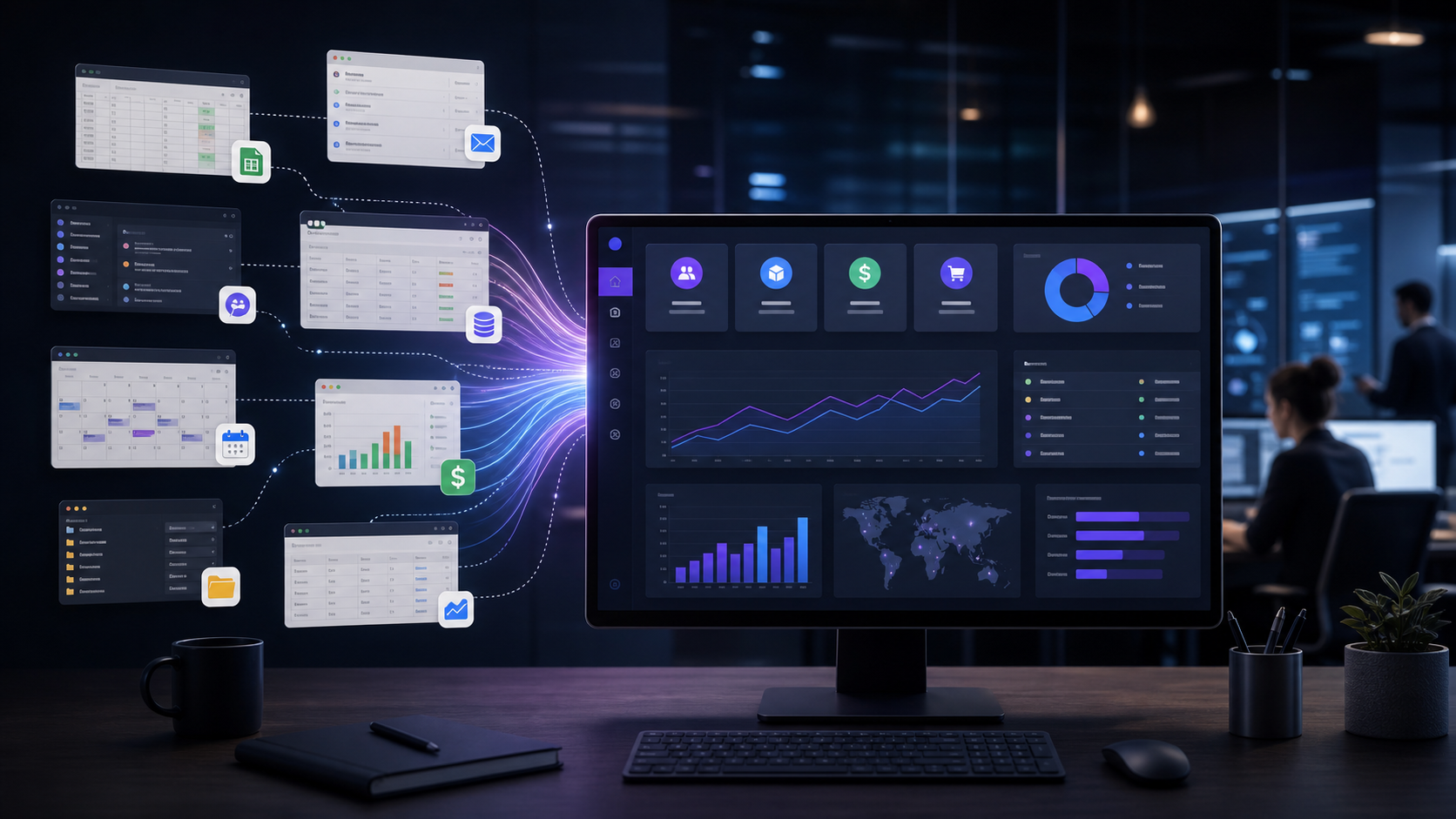 Business software dashboards merging into a custom operations dashboard