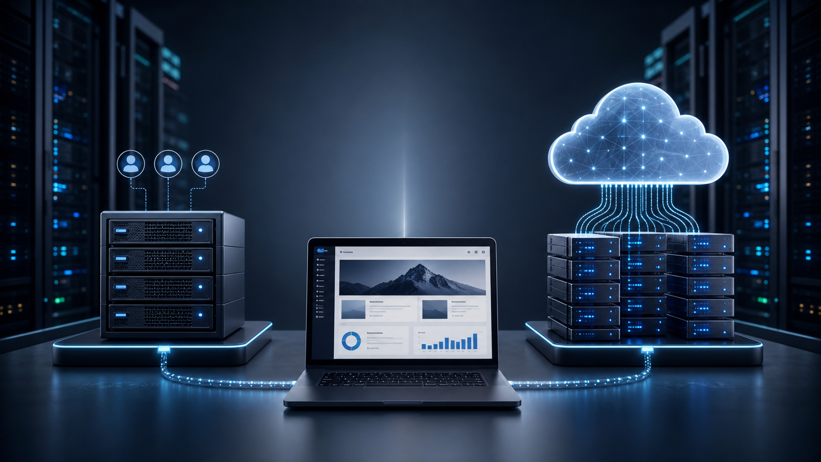 Business website dashboard between shared hosting and cloud hosting infrastructure